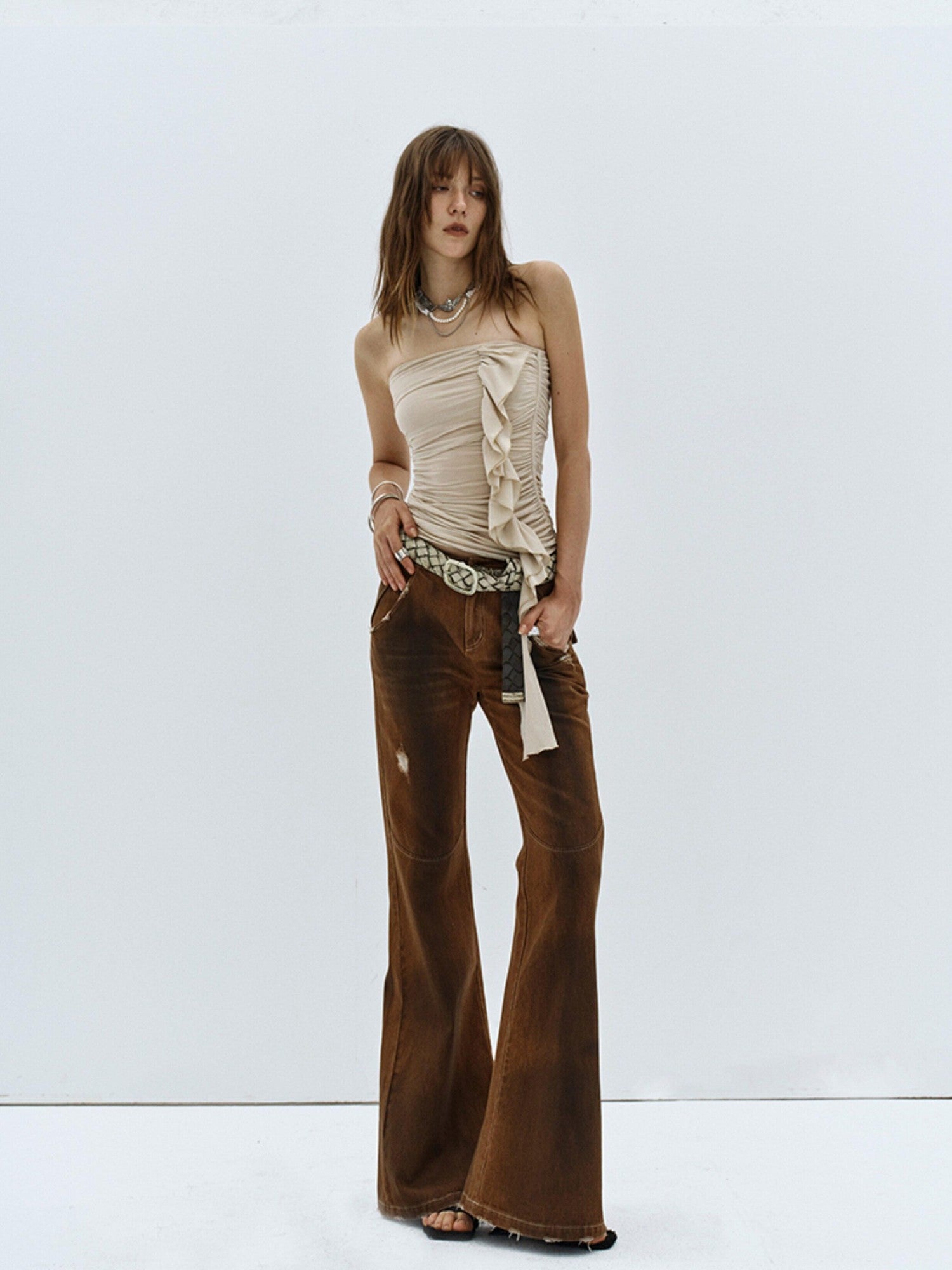 ENDO PER SE Vintage Distressed Low Rise Slim Women's Cotton Stretch Denim Flare Pants