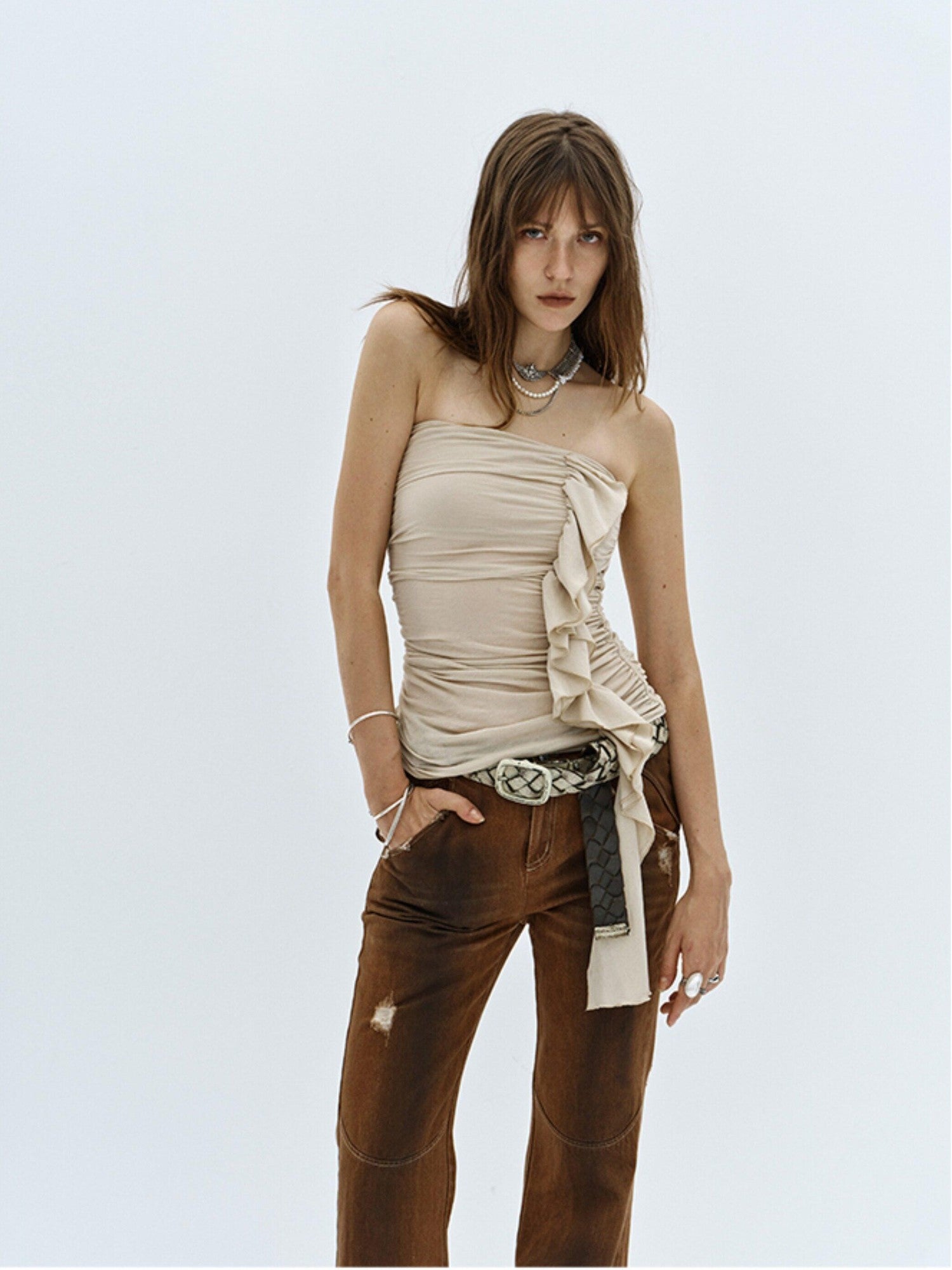ENDO PER SE Vintage Distressed Low Rise Slim Women's Cotton Stretch Denim Flare Pants