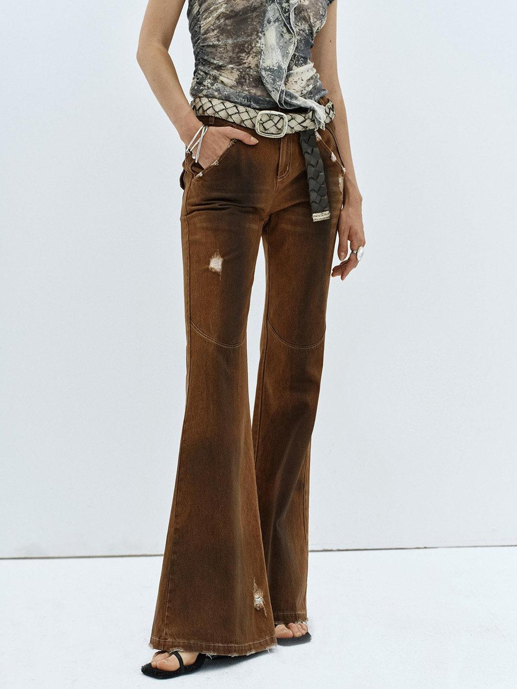 ENDO PER SE Vintage Distressed Low Rise Slim Women's Cotton Stretch Denim Flare Pants