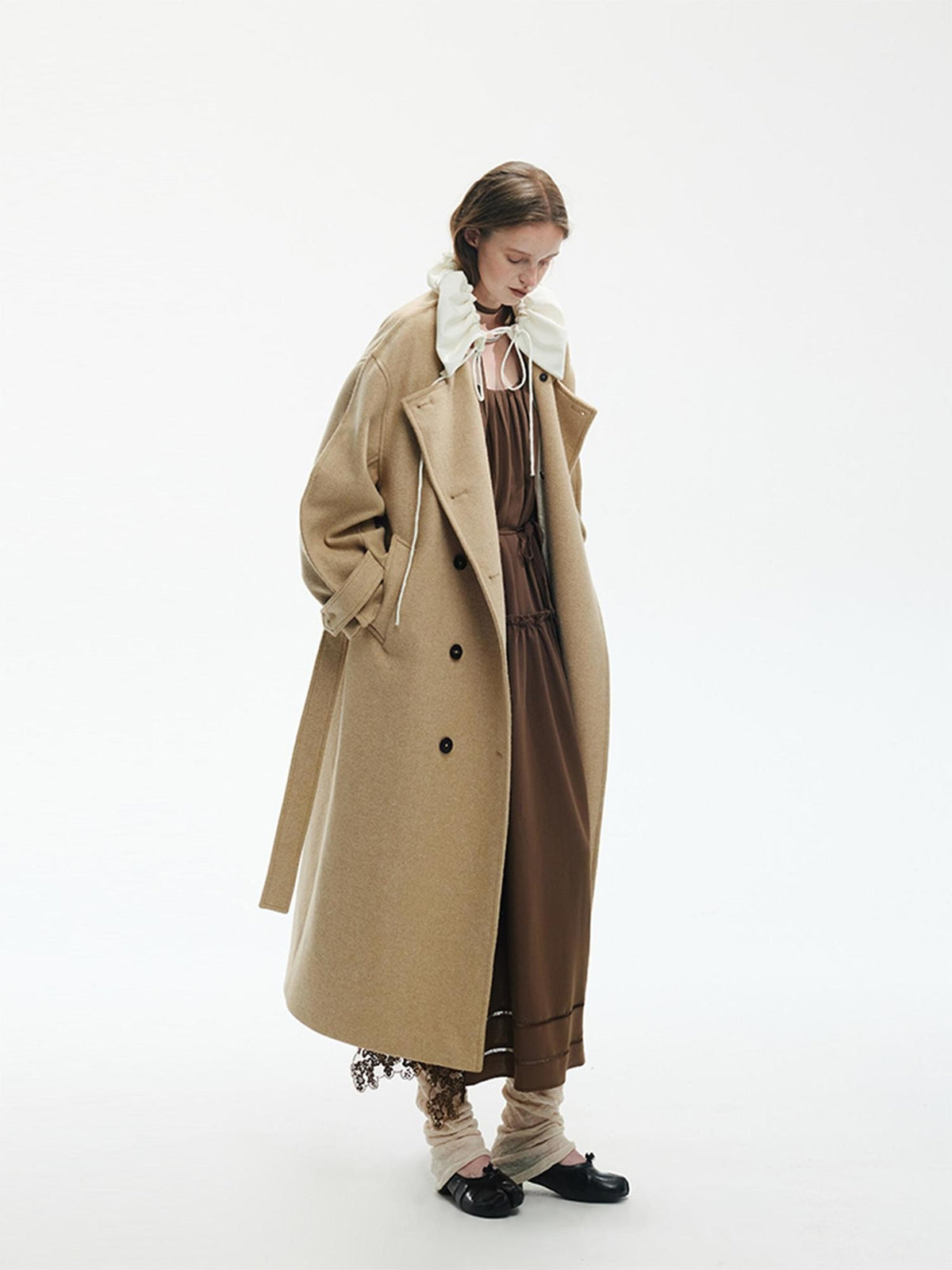 ENDO PER SE Vintage Drawstring Cowl Neck Double Breasted Hooded Women's Wool Coats