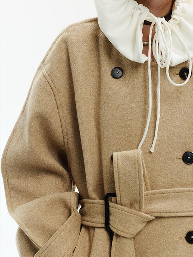 ENDO PER SE Vintage Drawstring Cowl Neck Double Breasted Hooded Women's Wool Coats