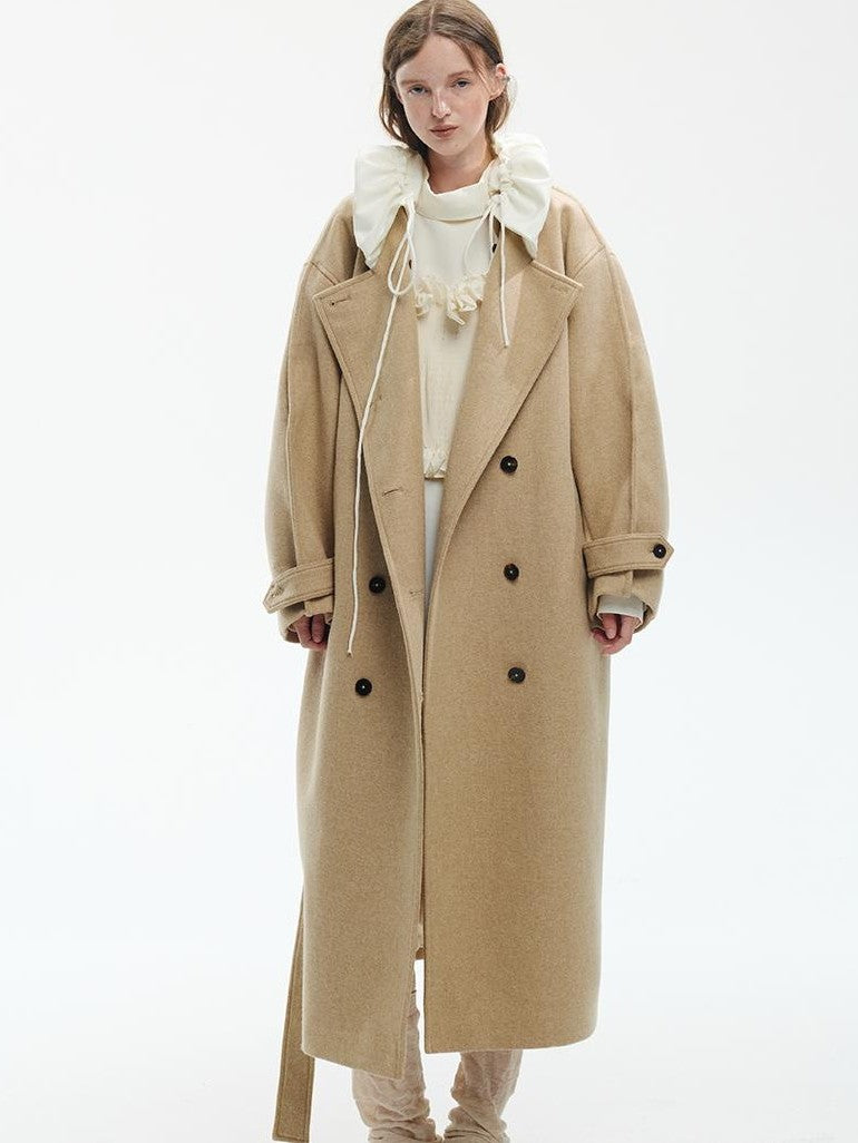 ENDO PER SE Vintage Drawstring Cowl Neck Double Breasted Hooded Women's Wool Coats