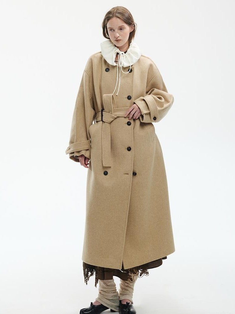 ENDO PER SE Vintage Drawstring Cowl Neck Double Breasted Hooded Women's Wool Coats