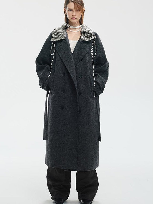 ENDO PER SE Vintage Drawstring Cowl Neck Double Breasted Hooded Women's Wool Coats