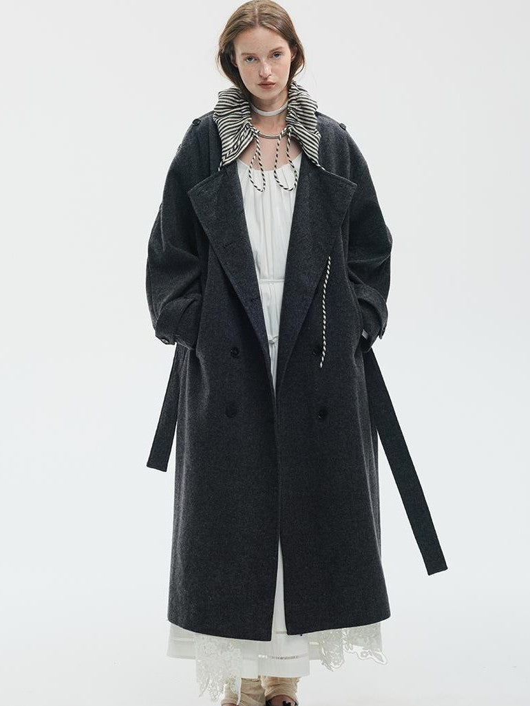 ENDO PER SE Vintage Drawstring Cowl Neck Double Breasted Hooded Women's Wool Coats