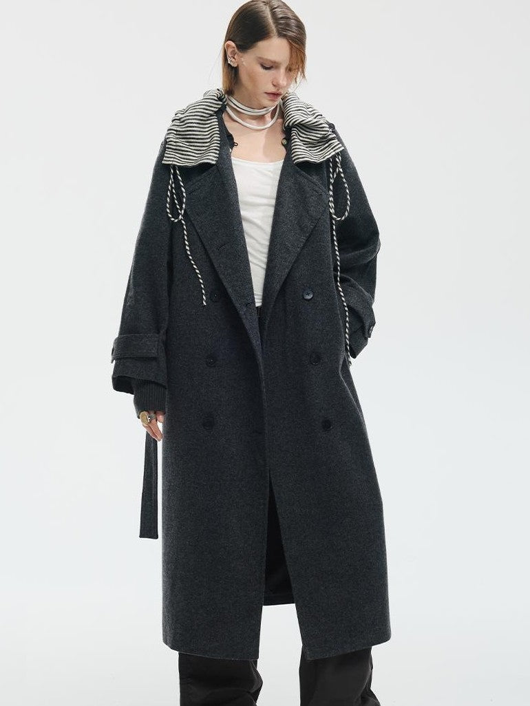 ENDO PER SE Vintage Drawstring Cowl Neck Double Breasted Hooded Women's Wool Coats