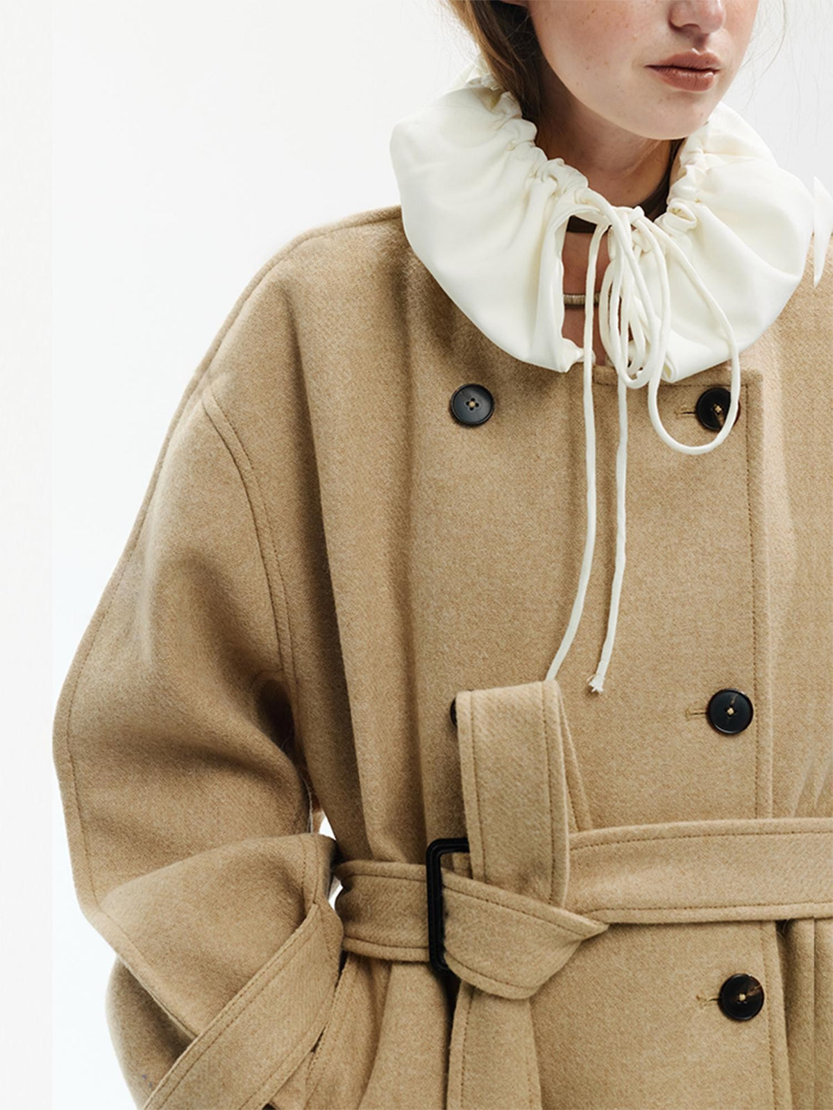 ENDO PER SE Vintage Drawstring Cowl Neck Double Breasted Hooded Women's Wool Coats