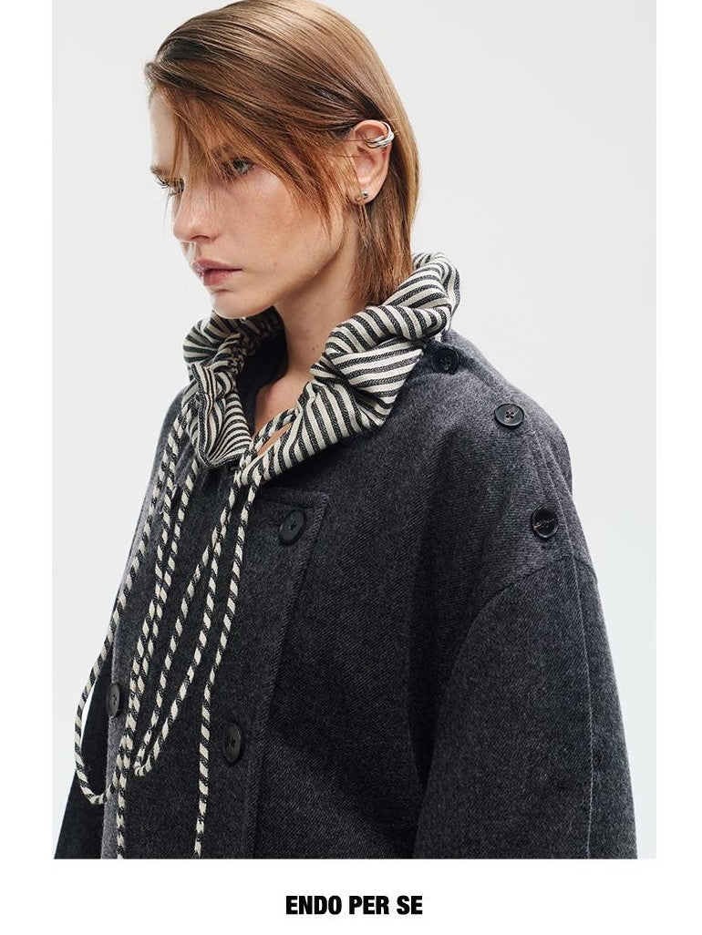 ENDO PER SE Vintage Drawstring Cowl Neck Double Breasted Hooded Women's Wool Coats