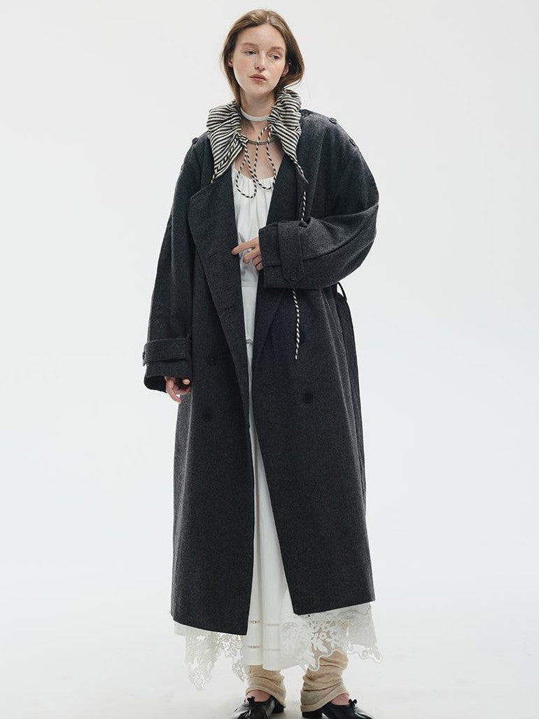 ENDO PER SE Vintage Drawstring Cowl Neck Double Breasted Hooded Women's Wool Coats