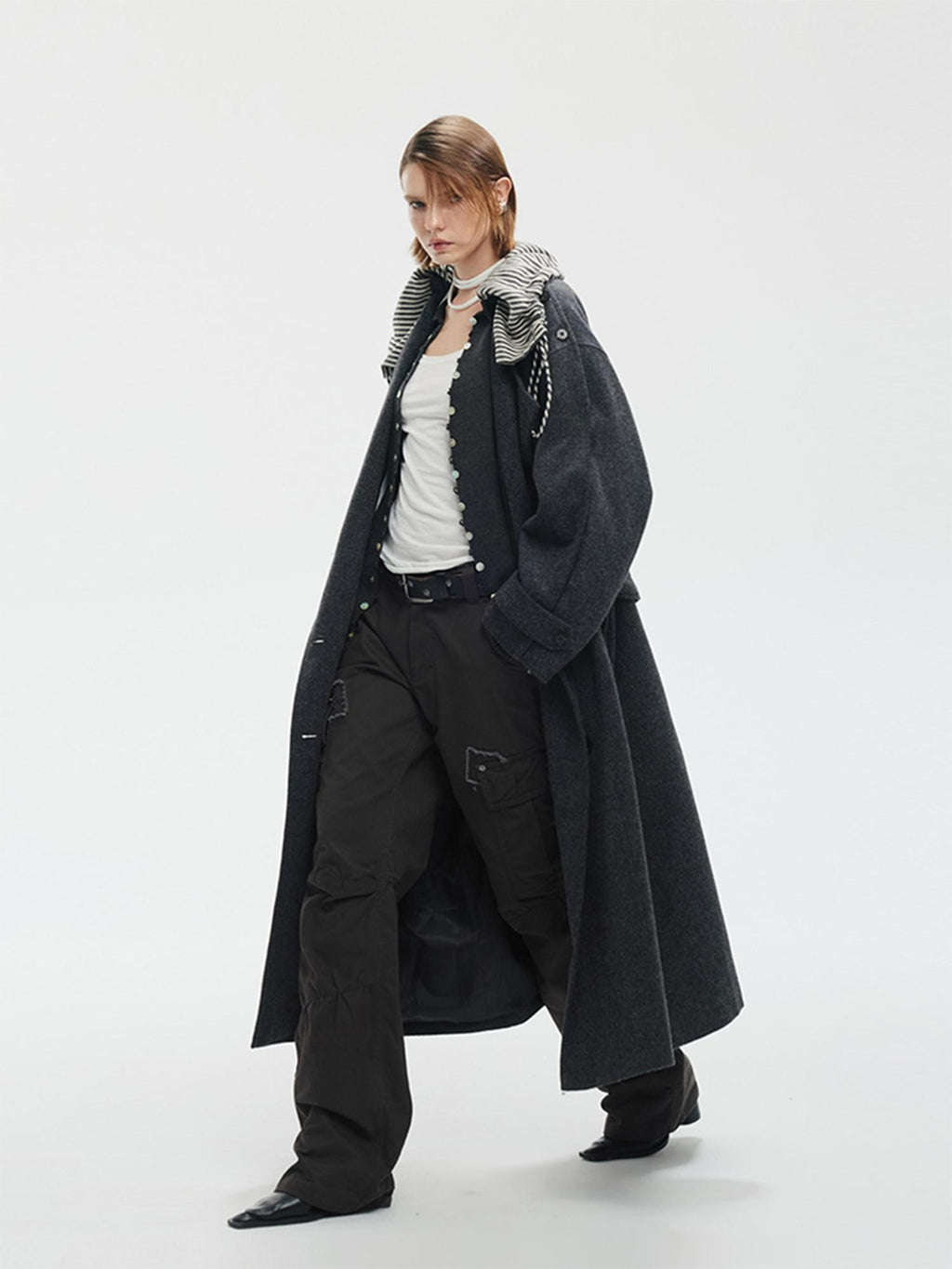 ENDO PER SE Vintage Drawstring Cowl Neck Double Breasted Hooded Women's Wool Coats