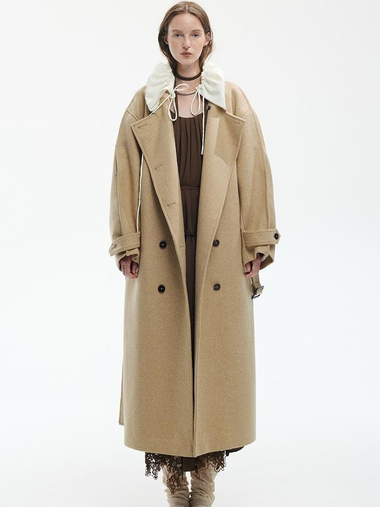 ENDO PER SE Vintage Drawstring Cowl Neck Double Breasted Hooded Women's Wool Coats
