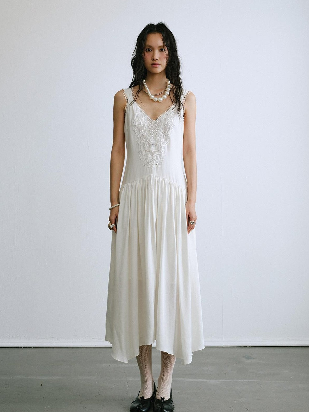 ENDO PER SE Vintage Floral Embroidered Lace V-neck Women's Lyocell Slip Maxi Dresses