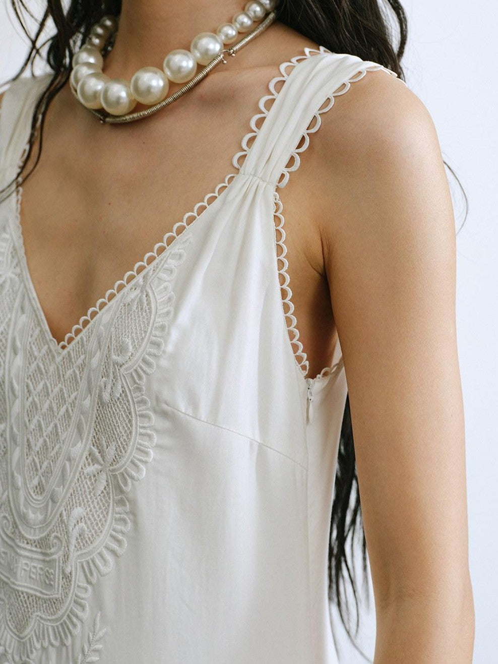 ENDO PER SE Vintage Floral Embroidered Lace V-neck Women's Lyocell Slip Maxi Dresses