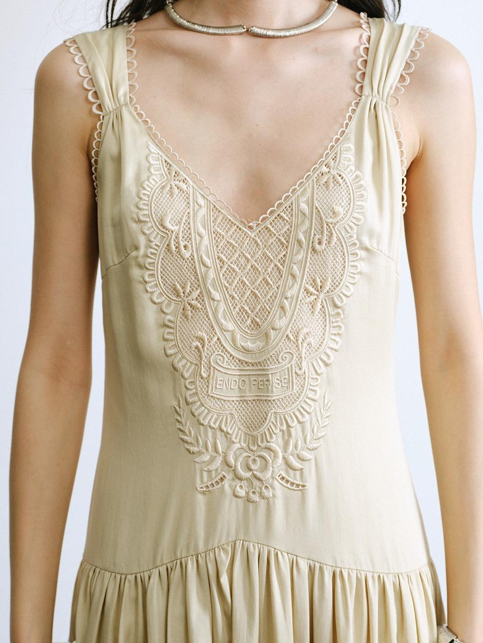 ENDO PER SE Vintage Floral Embroidered Lace V-neck Women's Lyocell Slip Maxi Dresses