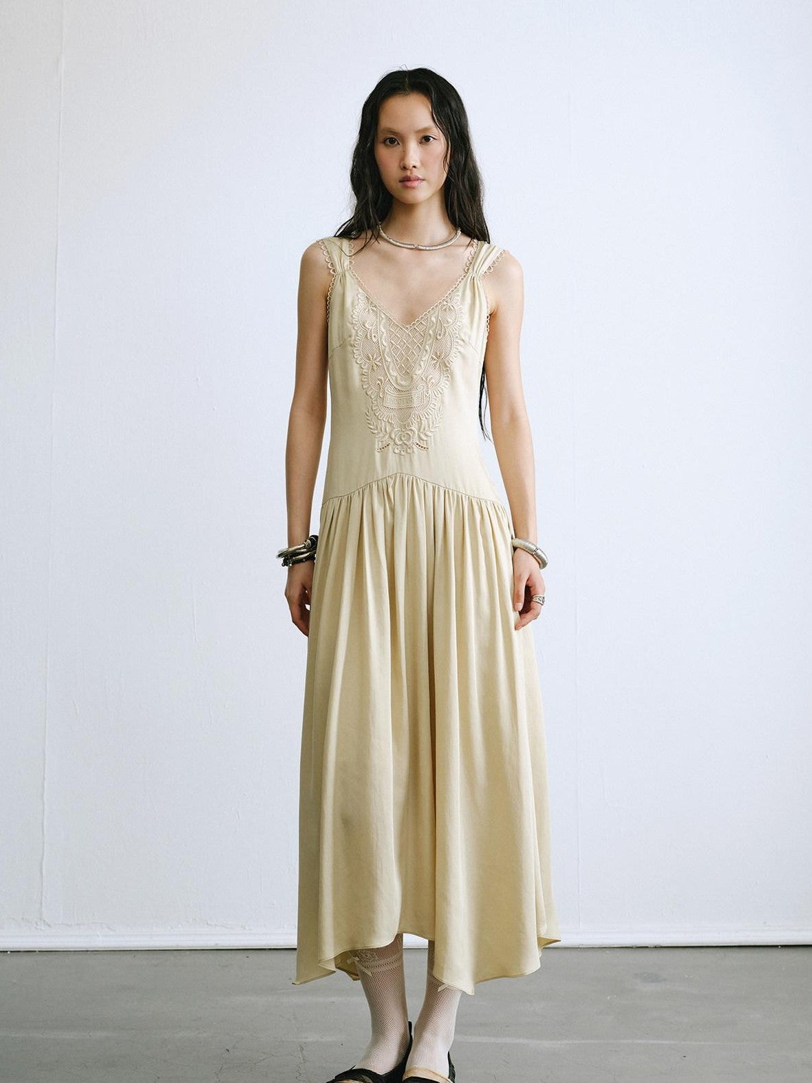 ENDO PER SE Vintage Floral Embroidered Lace V-neck Women's Lyocell Slip Maxi Dresses