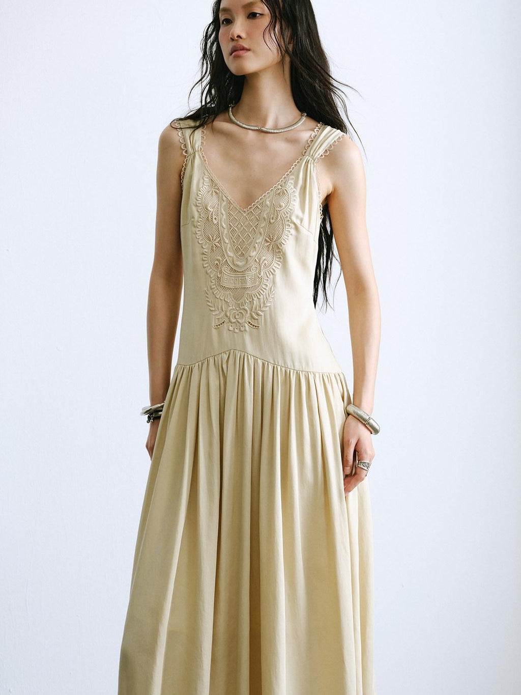ENDO PER SE Vintage Floral Embroidered Lace V-neck Women's Lyocell Slip Maxi Dresses