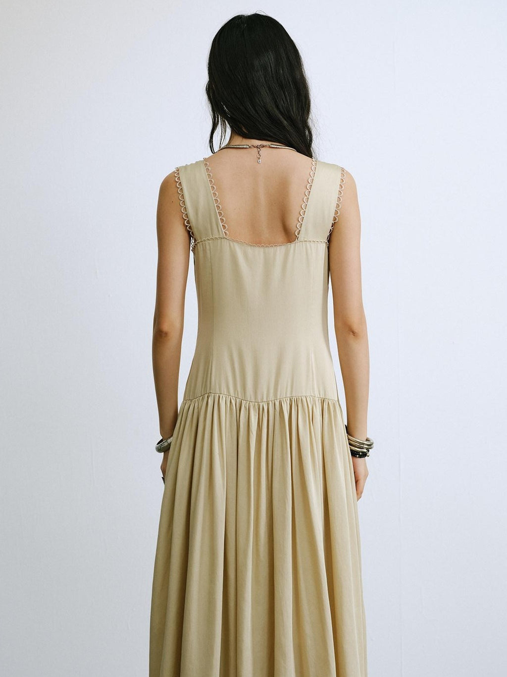 ENDO PER SE Vintage Floral Embroidered Lace V-neck Women's Lyocell Slip Maxi Dresses