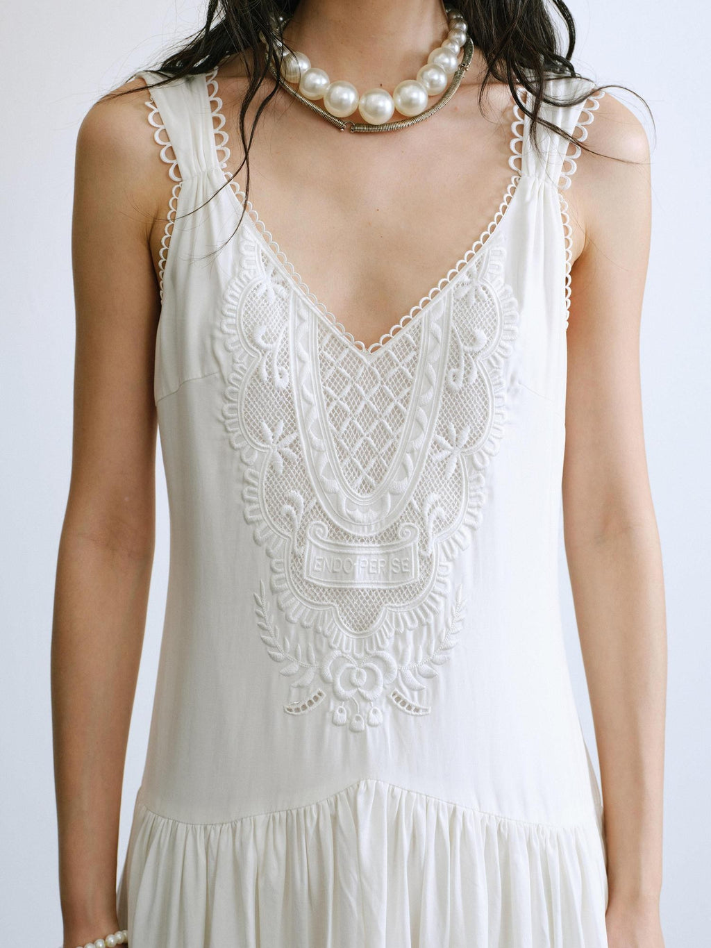 ENDO PER SE Vintage Floral Embroidered Lace V-neck Women's Lyocell Slip Maxi Dresses