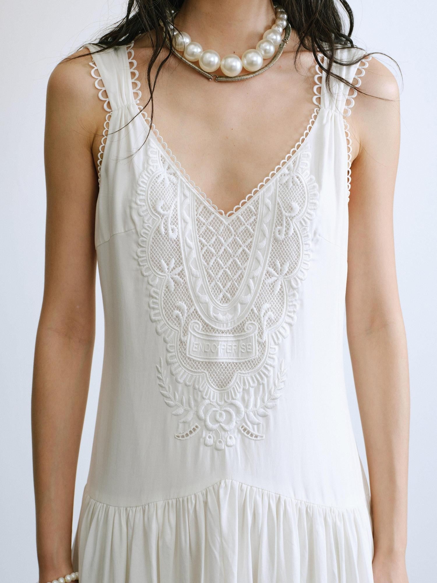 ENDO PER SE Vintage Floral Embroidered Lace V-neck Women's Lyocell Slip Maxi Dresses