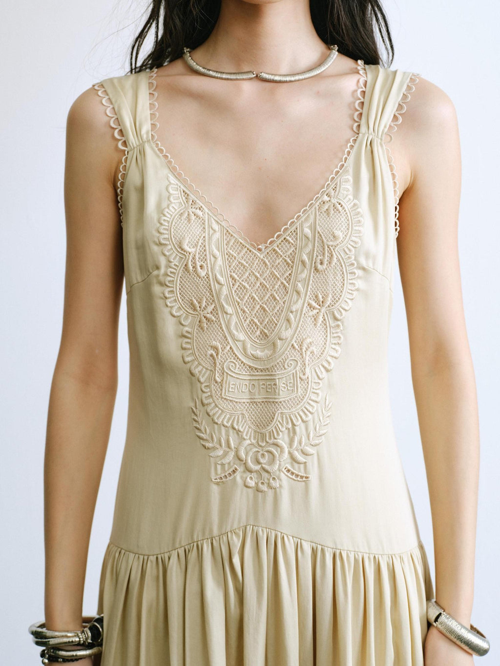 ENDO PER SE Vintage Floral Embroidered Lace V-neck Women's Lyocell Slip Maxi Dresses