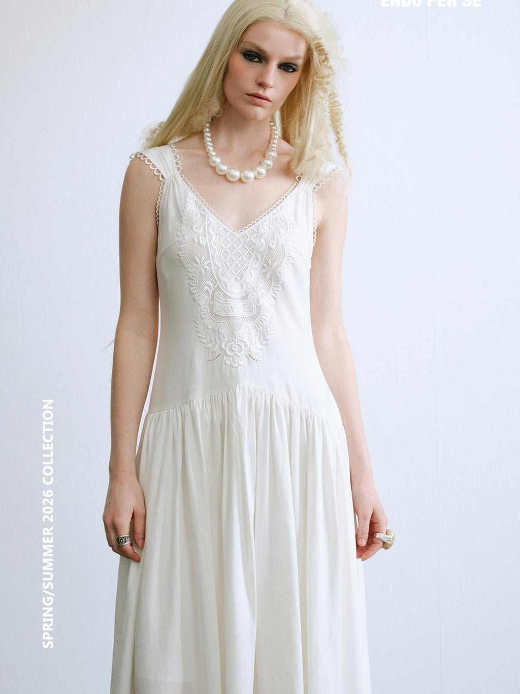 ENDO PER SE Vintage Floral Embroidered Lace V-neck Women's Lyocell Slip Maxi Dresses