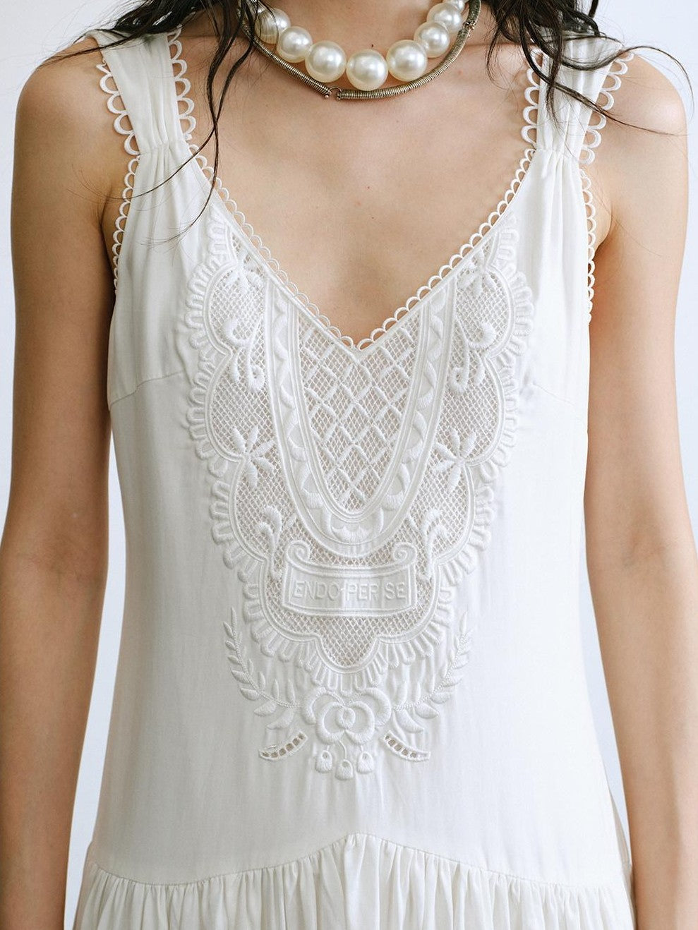 ENDO PER SE Vintage Floral Embroidered Lace V-neck Women's Lyocell Slip Maxi Dresses