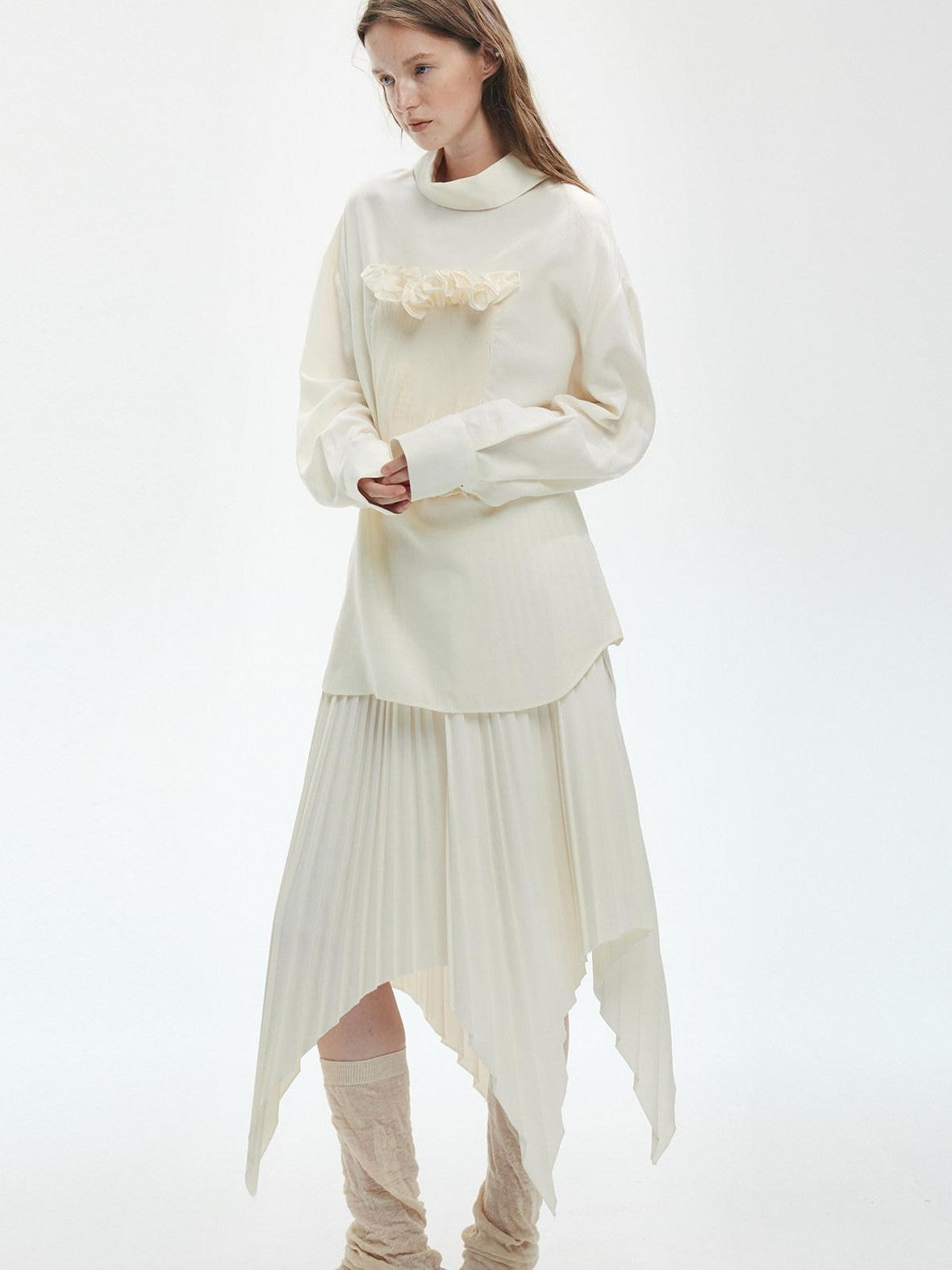 ENDO PER SE Vintage Pleated Spliced Asymmetrical Women's Viscose Midi Skirts