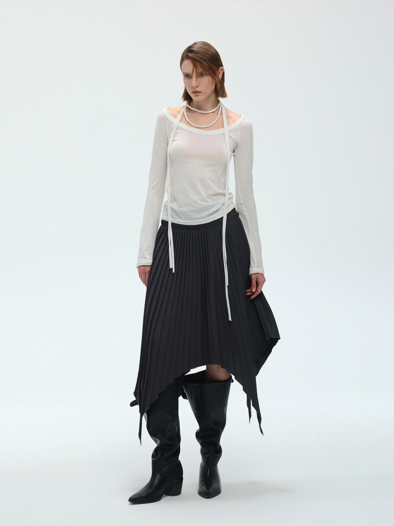 ENDO PER SE Vintage Pleated Spliced Asymmetrical Women's Viscose Midi Skirts