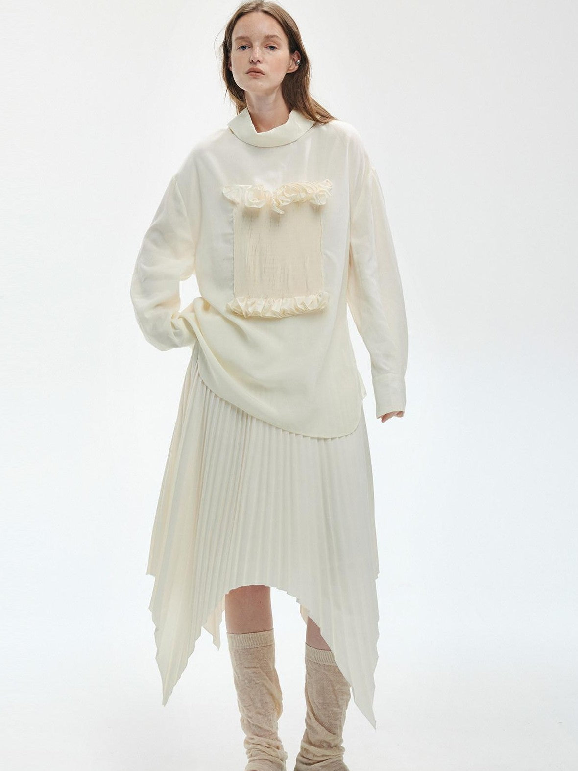 ENDO PER SE Vintage Pleated Spliced Asymmetrical Women's Viscose Midi Skirts