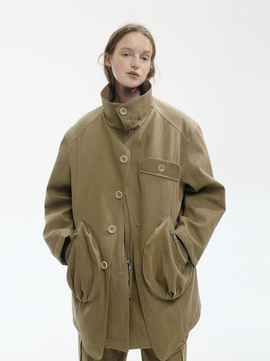 ENDO PER SE Washed Utility Faux Layered Turtleneck Cotton Women's Short Coats