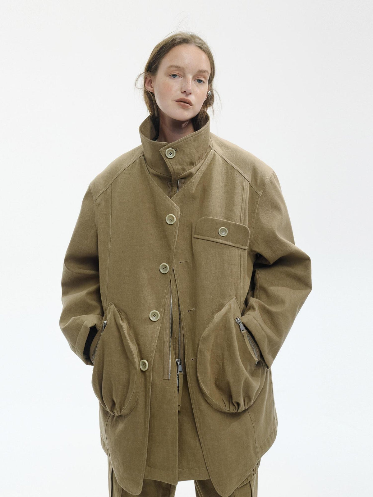 ENDO PER SE Washed Utility Faux Layered Turtleneck Cotton Women's Short Coats