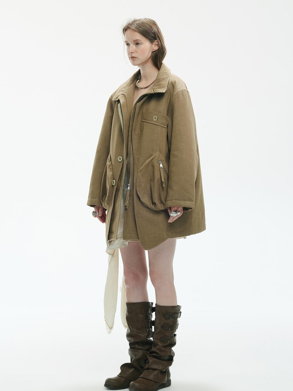ENDO PER SE Washed Utility Faux Layered Turtleneck Cotton Women's Short Coats