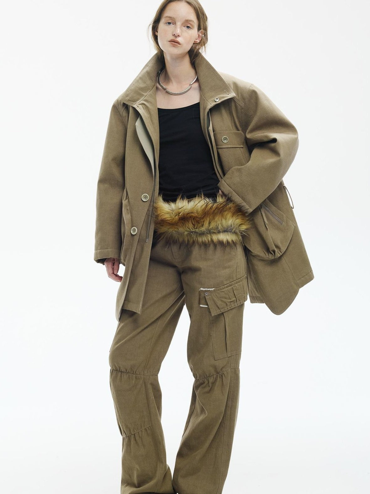 ENDO PER SE Washed Utility Faux Layered Turtleneck Cotton Women's Short Coats