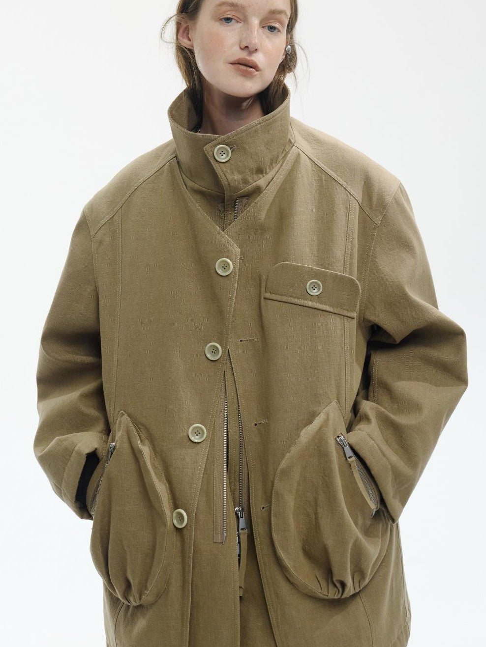 ENDO PER SE Washed Utility Faux Layered Turtleneck Cotton Women's Short Coats