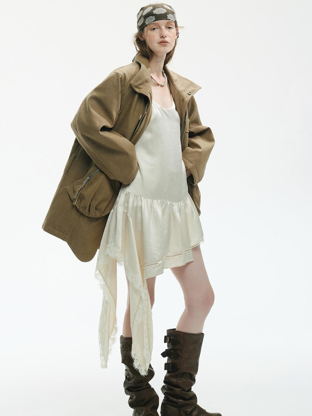 ENDO PER SE Washed Utility Faux Layered Turtleneck Cotton Women's Short Coats