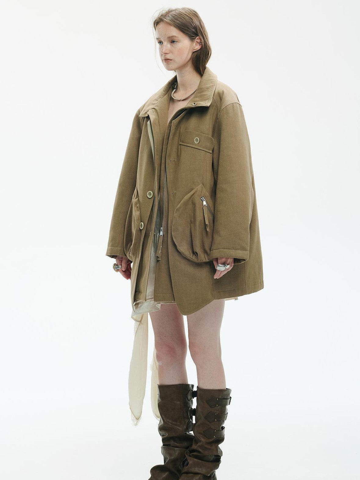 ENDO PER SE Washed Utility Faux Layered Turtleneck Cotton Women's Short Coats
