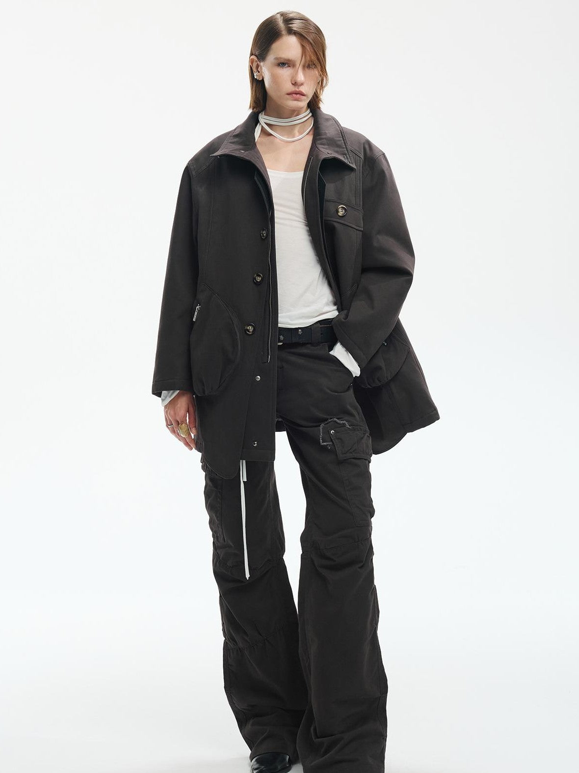 ENDO PER SE Washed Utility Faux Layered Turtleneck Cotton Women's Short Coats
