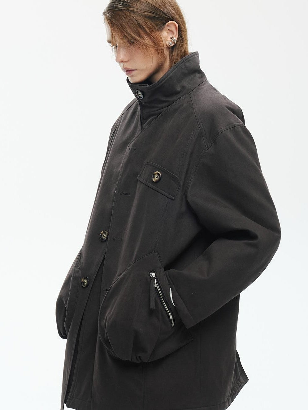 ENDO PER SE Washed Utility Faux Layered Turtleneck Cotton Women's Short Coats