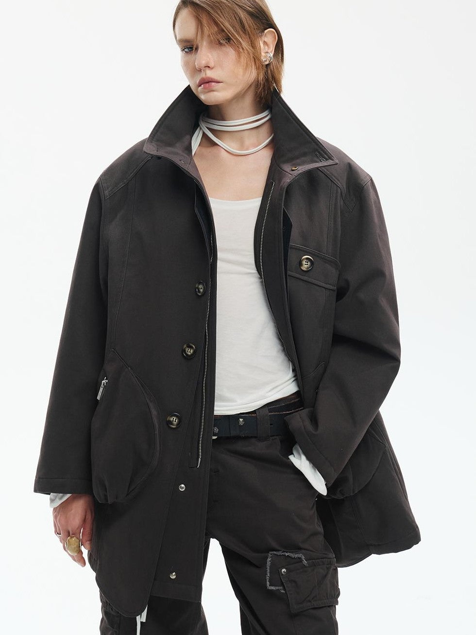 ENDO PER SE Washed Utility Faux Layered Turtleneck Cotton Women's Short Coats