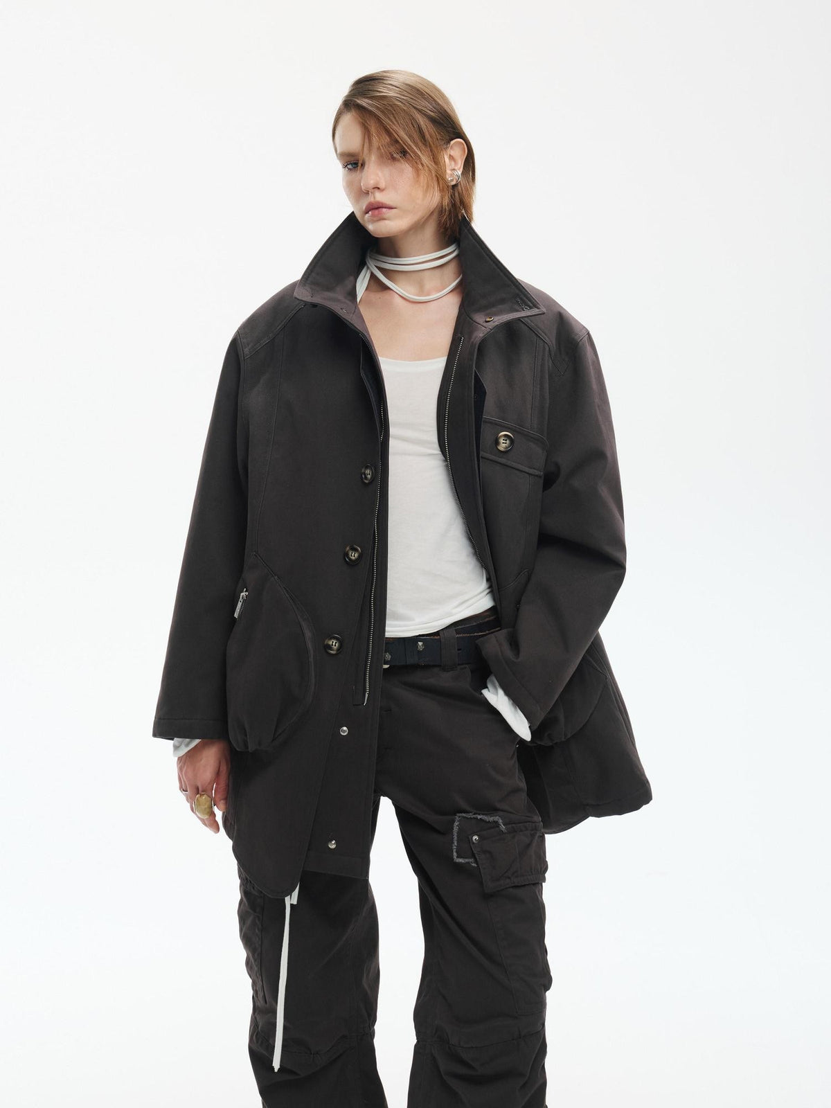 ENDO PER SE Washed Utility Faux Layered Turtleneck Cotton Women's Short Coats