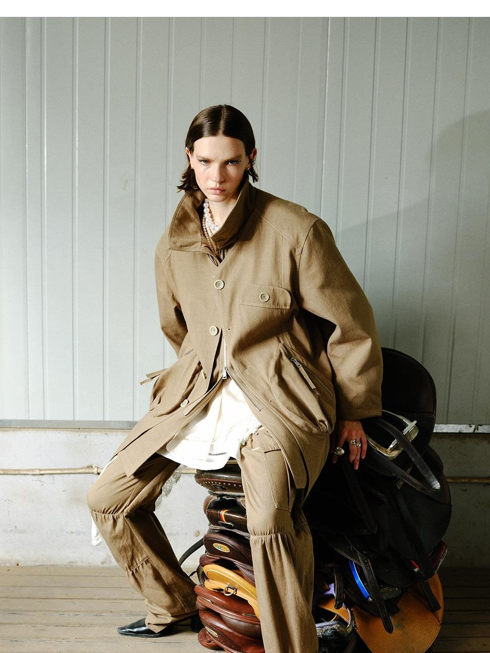 ENDO PER SE Washed Utility Faux Layered Turtleneck Cotton Women's Short Coats