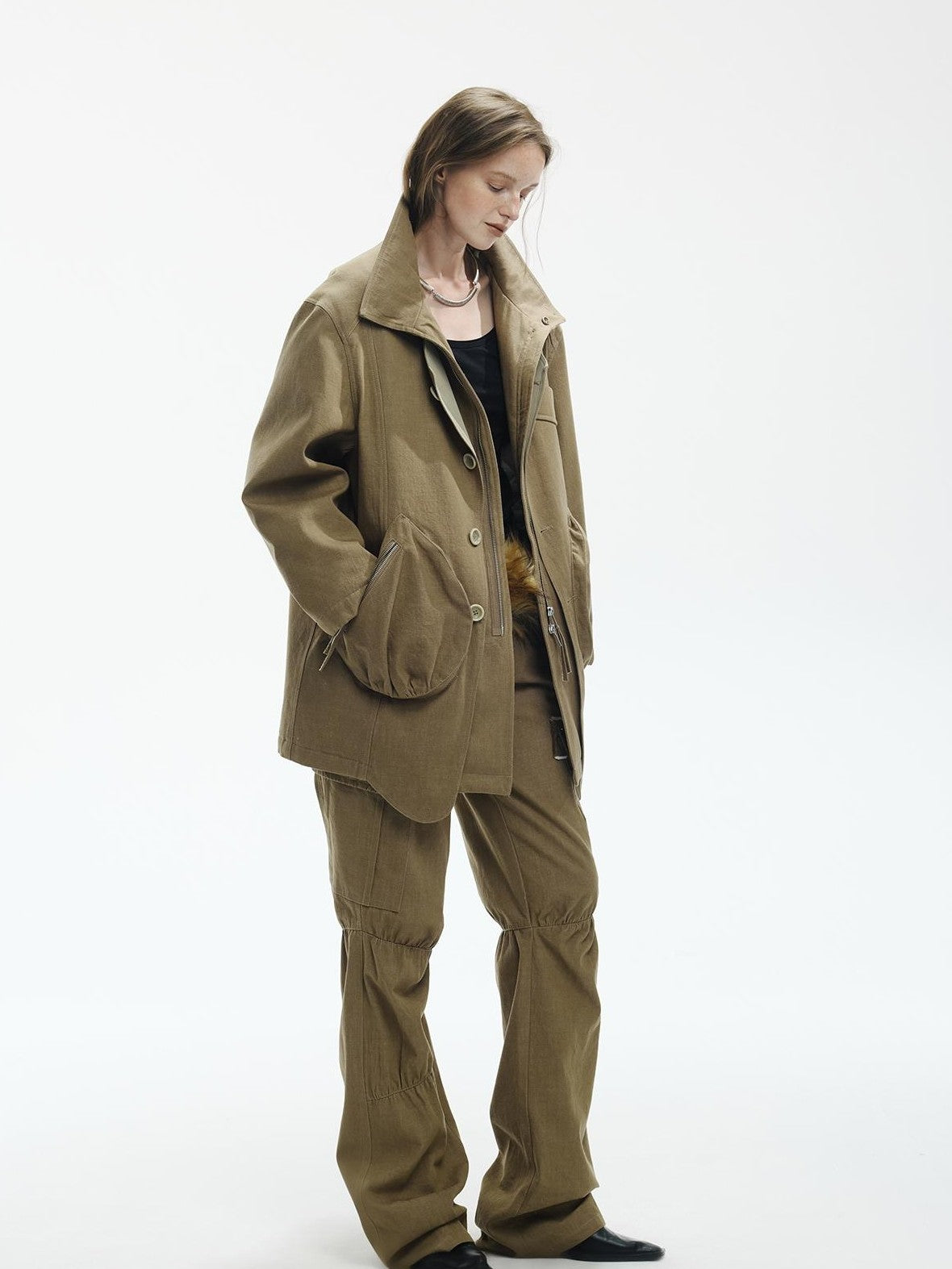 ENDO PER SE Washed Utility Faux Layered Turtleneck Cotton Women's Short Coats