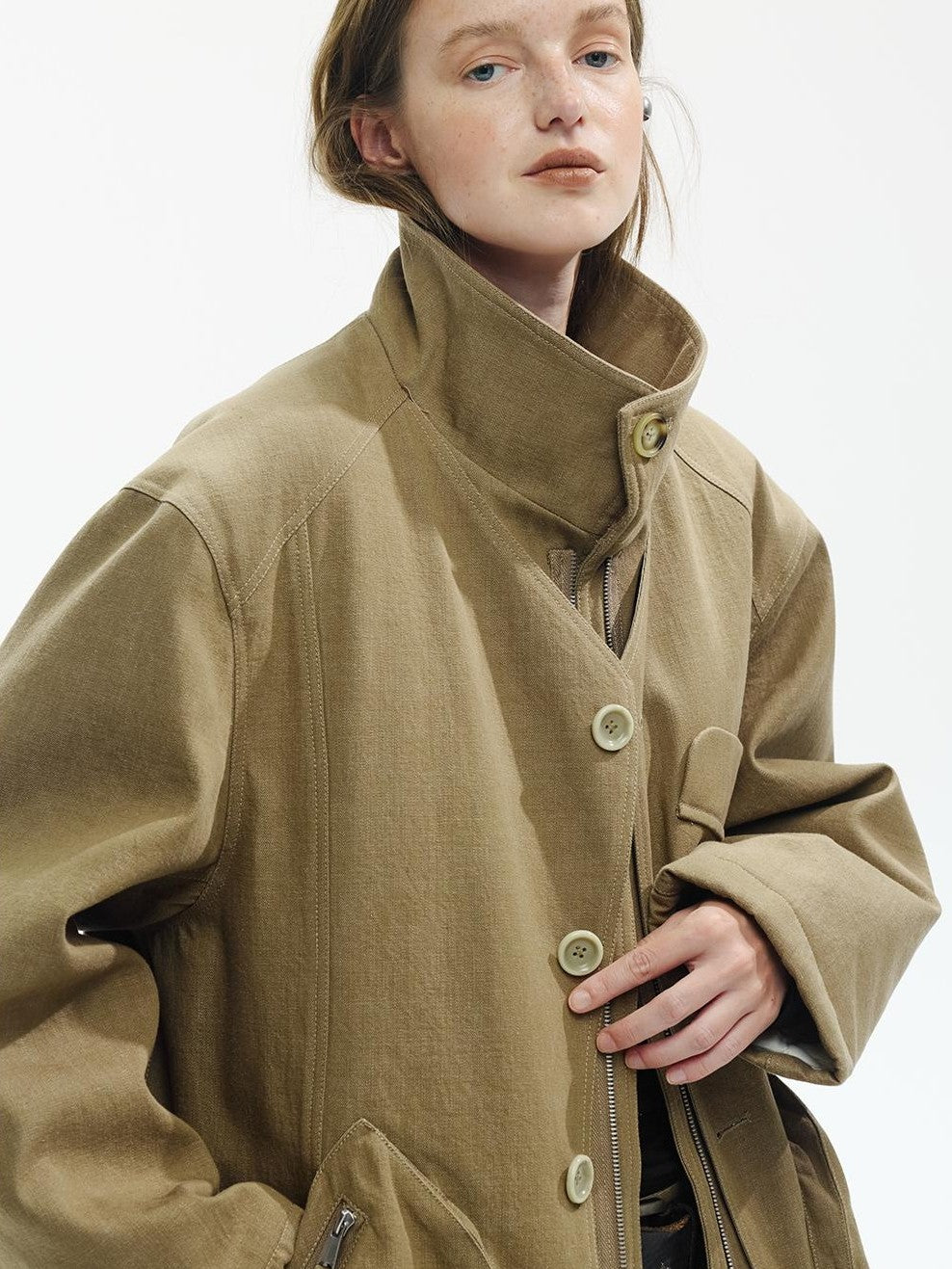 ENDO PER SE Washed Utility Faux Layered Turtleneck Cotton Women's Short Coats