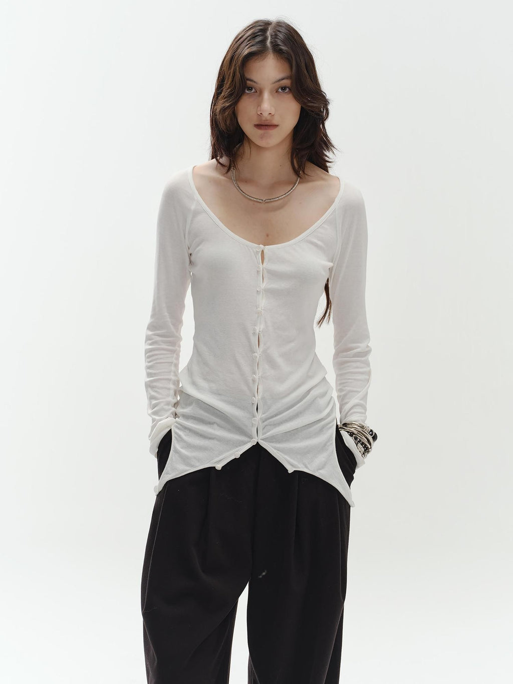 ENDO PER SE Washed V-neck Button Slim Fit Breathable Women's Cotton Long Sleeve T-shirts