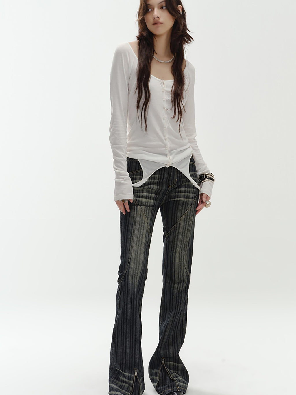 ENDO PER SE Washed V-neck Button Slim Fit Breathable Women's Cotton Long Sleeve T-shirts