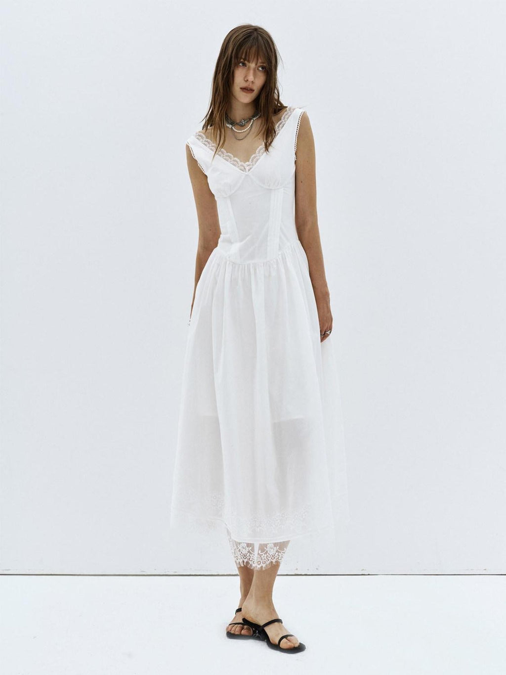 ENDO PER SE White Lace Trim Backless A Line V-neck Women's Cotton Slip Maxi Dresses