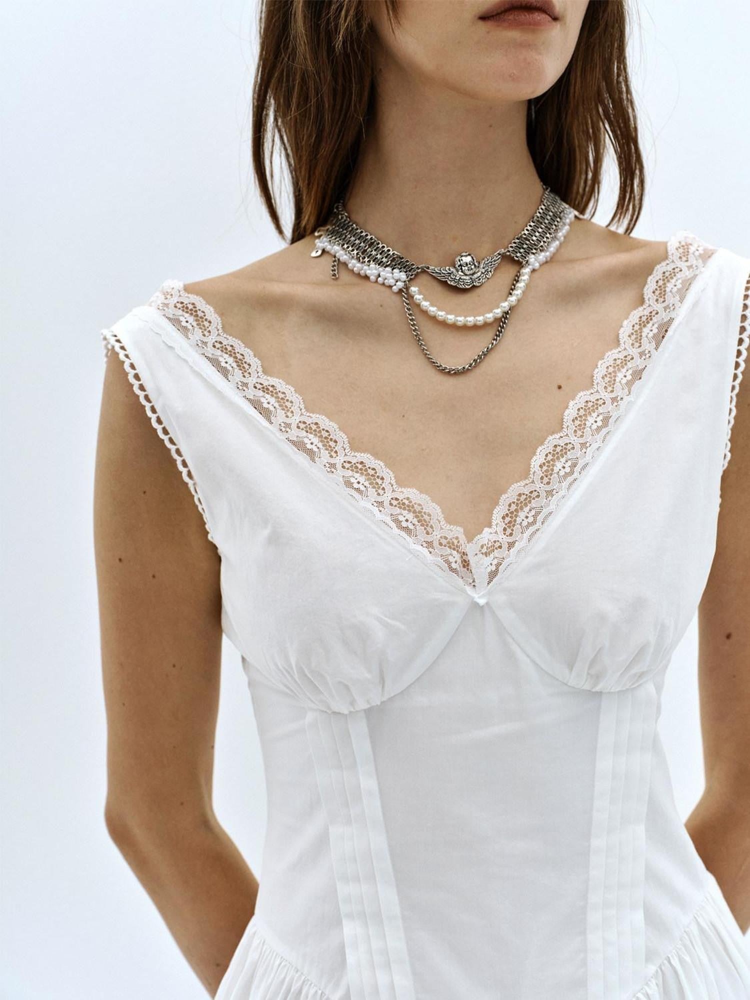 ENDO PER SE White Lace Trim Backless A Line V-neck Women's Cotton Slip Maxi Dresses