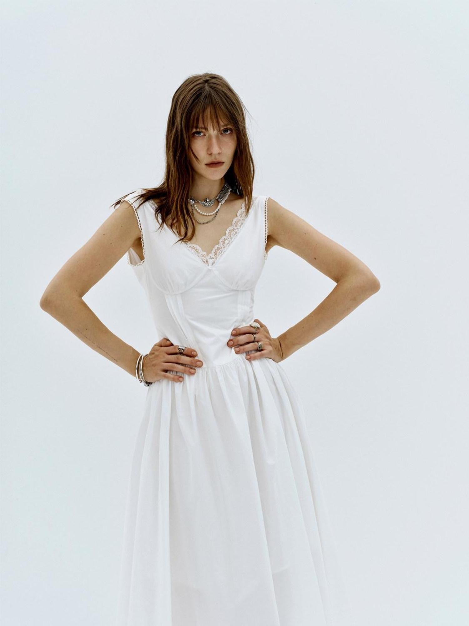 ENDO PER SE White Lace Trim Backless A Line V-neck Women's Cotton Slip Maxi Dresses