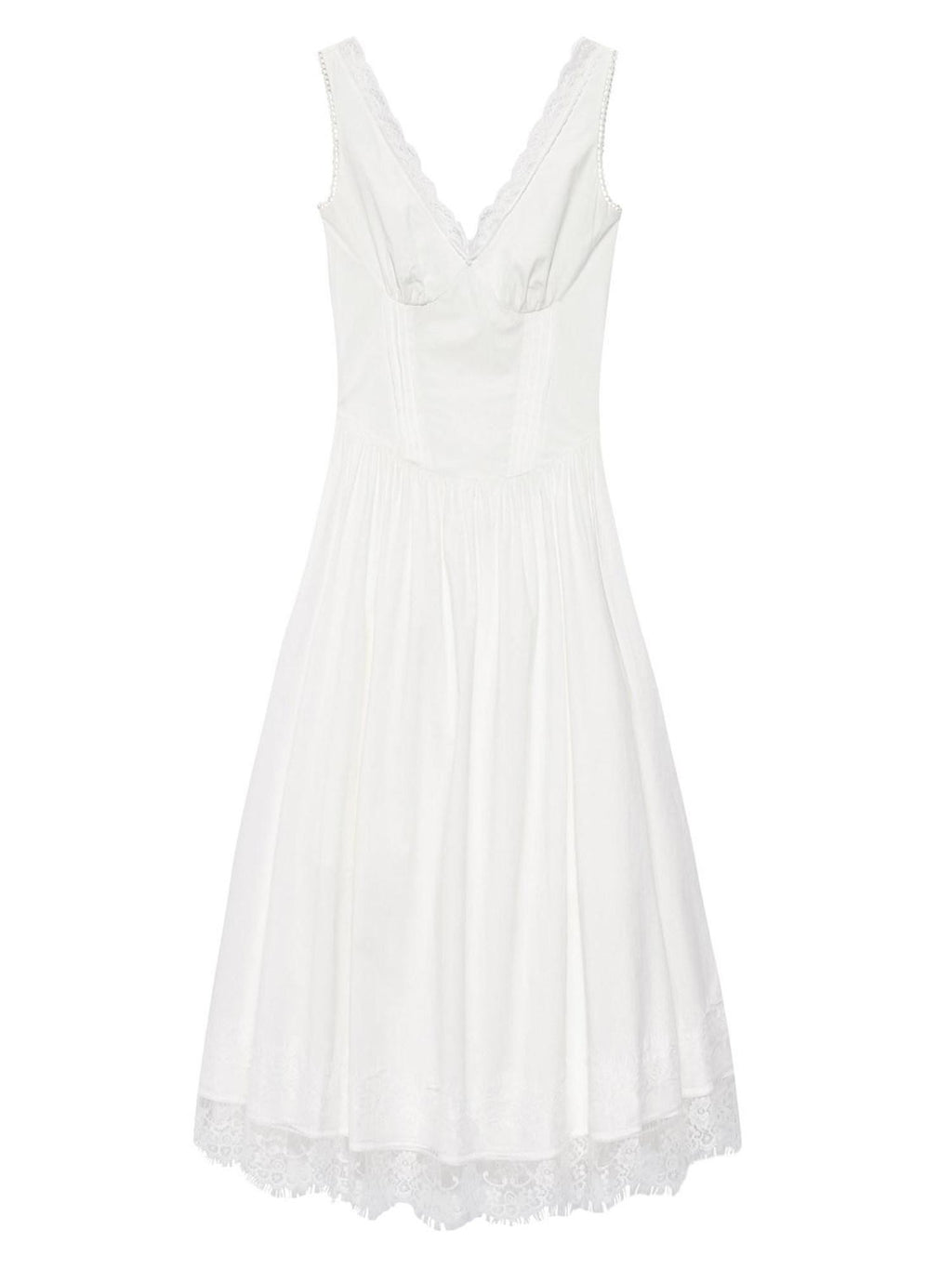 ENDO PER SE White Lace Trim Backless A Line V-neck Women's Cotton Slip Maxi Dresses