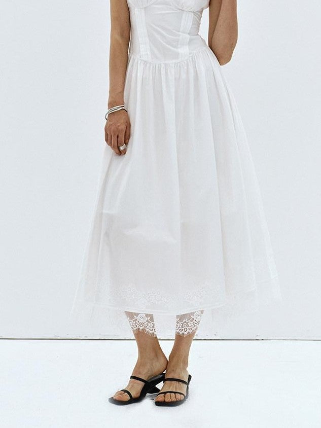 ENDO PER SE White Lace Trim Backless A Line V-neck Women's Cotton Slip Maxi Dresses
